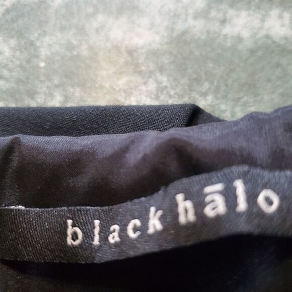 Black Halo  Black Ruffled Overlay Crepe V Neck Mini Sheath Dress Career sz 6 - Picture 2 of 6